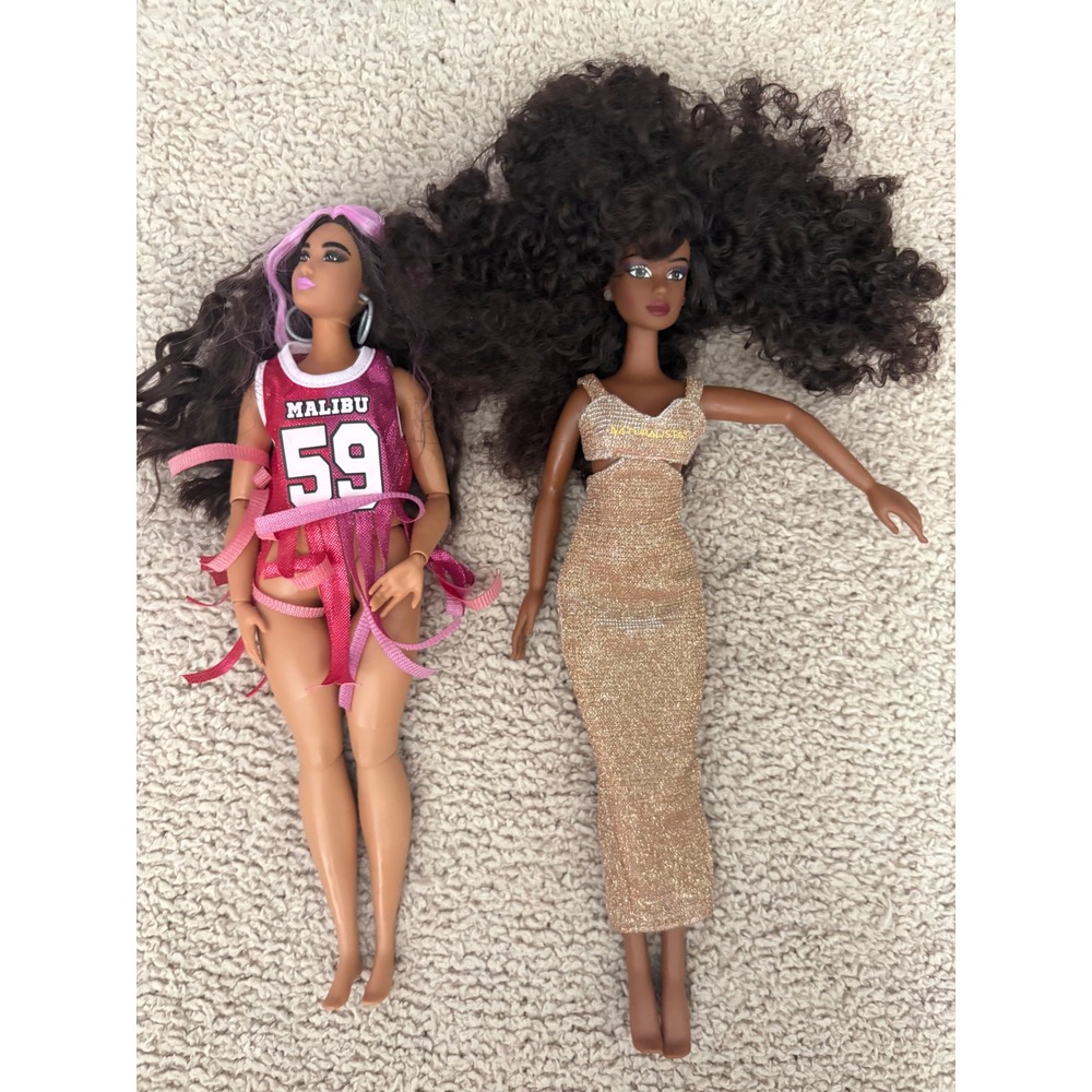 Barbie Extra Curvy Malibu 59 & Naturalistas Purpose Toys Gold Gown Doll Lot